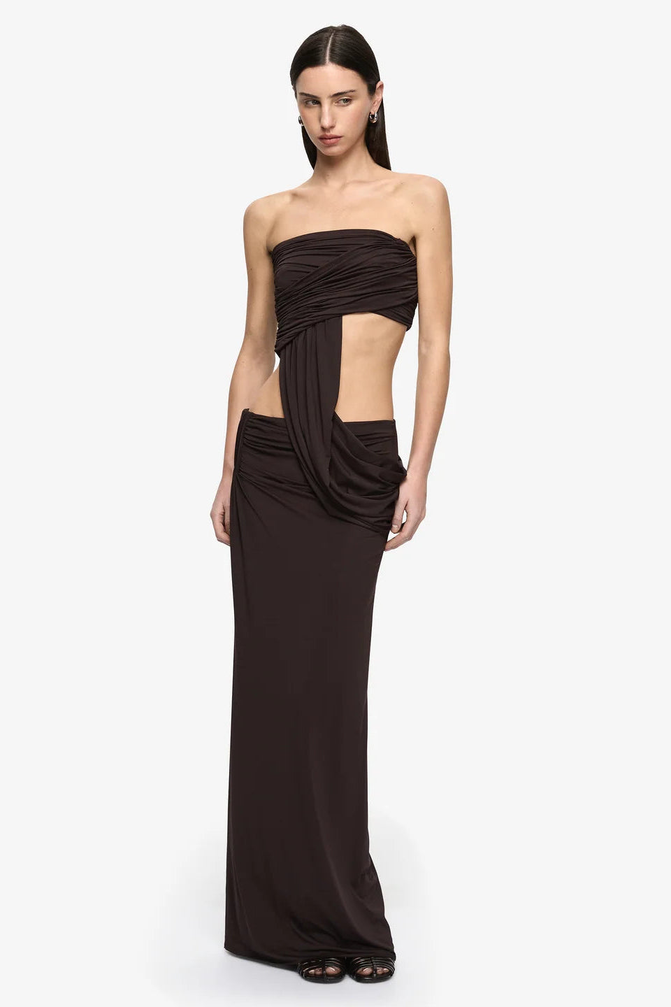 Bec & Bridge Niko Strapless Top & Maxi Skirt Set in Dark Chocolate, styled full-length view, designer two-piece hire Adelaide Australia