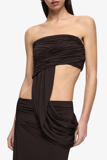 Bec & Bridge Niko Strapless Top in Dark Chocolate, close-up of gathered and wrapped bodice, designer top hire Adelaide Australia
