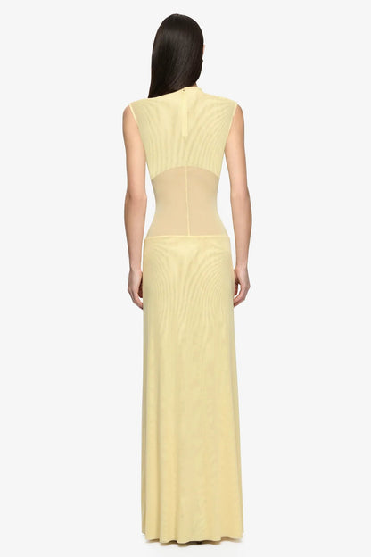 Bec & Bridge Odea Gathered Maxi Dress in Lemon Cream, back view showing invisible zip, designer dress hire Adelaide Australia