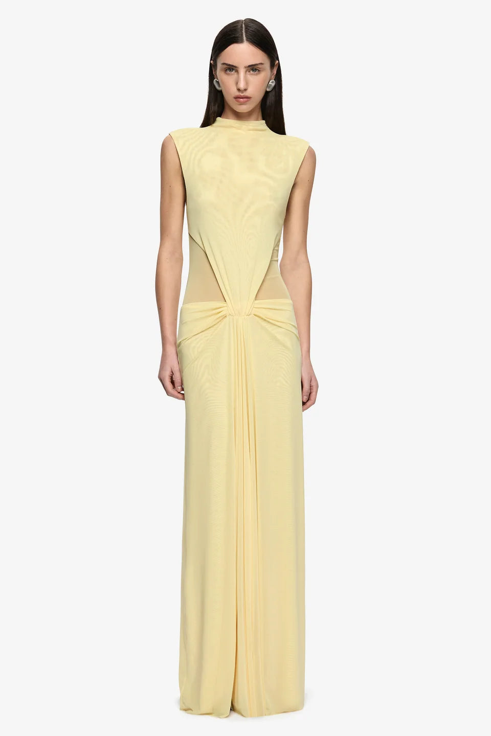 Bec & Bridge Odea Gathered Maxi Dress in Lemon Cream, front view, designer mesh maxi dress hire Adelaide Australia