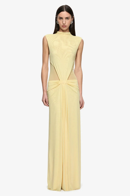 Bec & Bridge Odea Gathered Maxi Dress in Lemon Cream, front view, designer mesh maxi dress hire Adelaide Australia