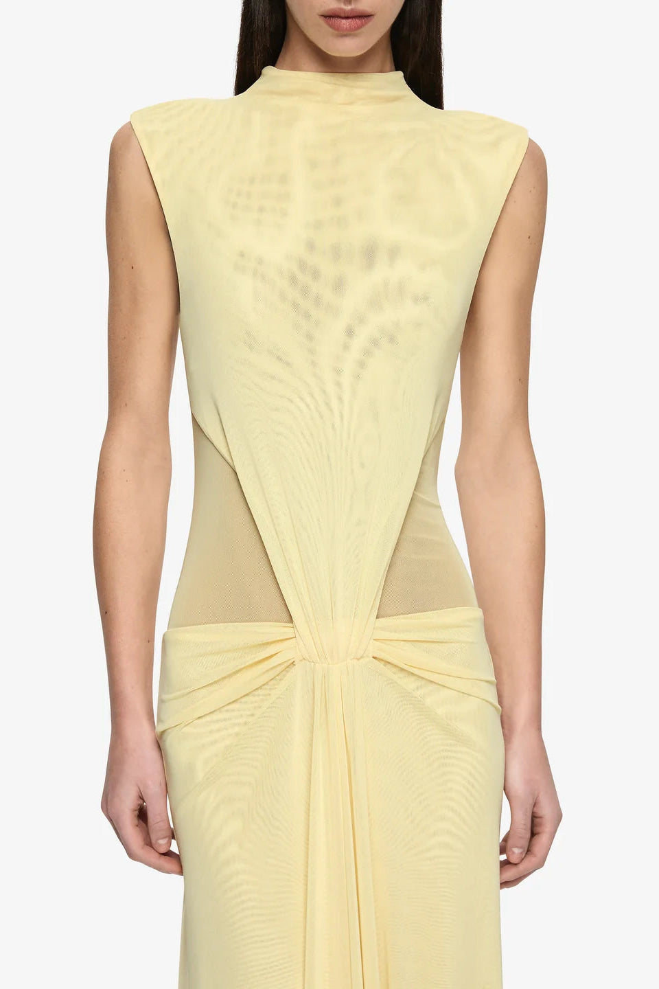 Bec & Bridge Odea Gathered Maxi Dress in Lemon Cream, close-up of funnel neckline and centre front drape, dress hire Adelaide Australia