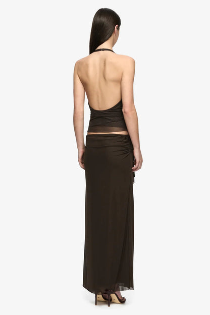 Bec & Bridge Olyssia Knot Halter Top & Skirt Set in Bitter Choc, back view showing low scoop back, two-piece set hire Adelaide Australia