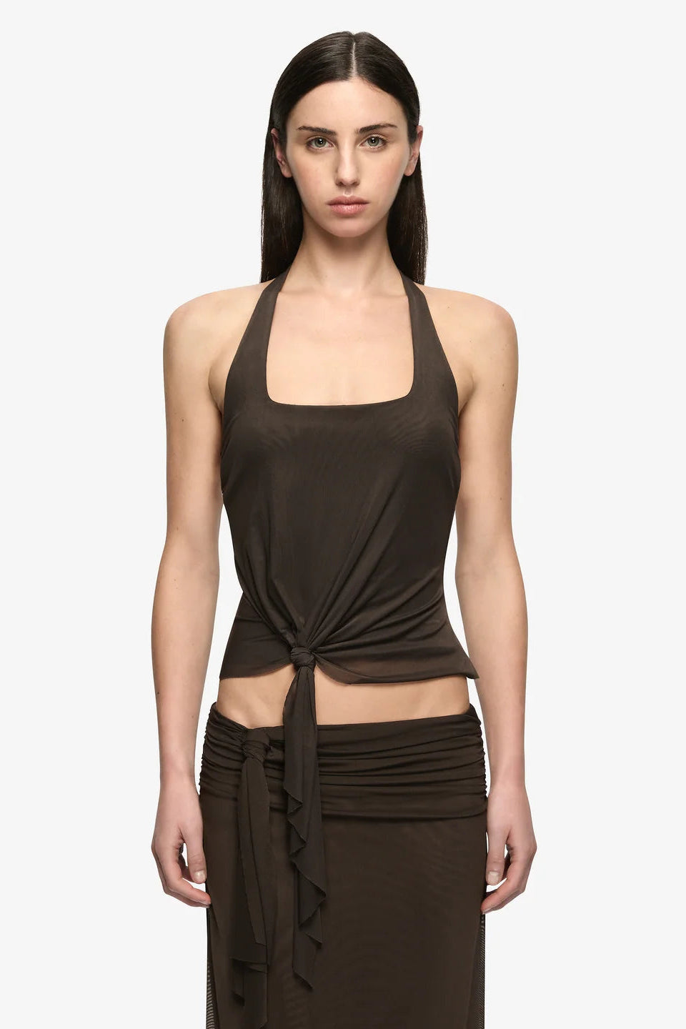 Bec & Bridge Olyssia Knot Halter Top & Skirt Set in Bitter Choc, alternate front view, co-ord set hire Adelaide Australia