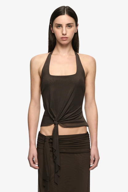 Bec & Bridge Olyssia Knot Halter Top & Skirt Set in Bitter Choc, front view, designer mesh two-piece set hire Adelaide Australia
