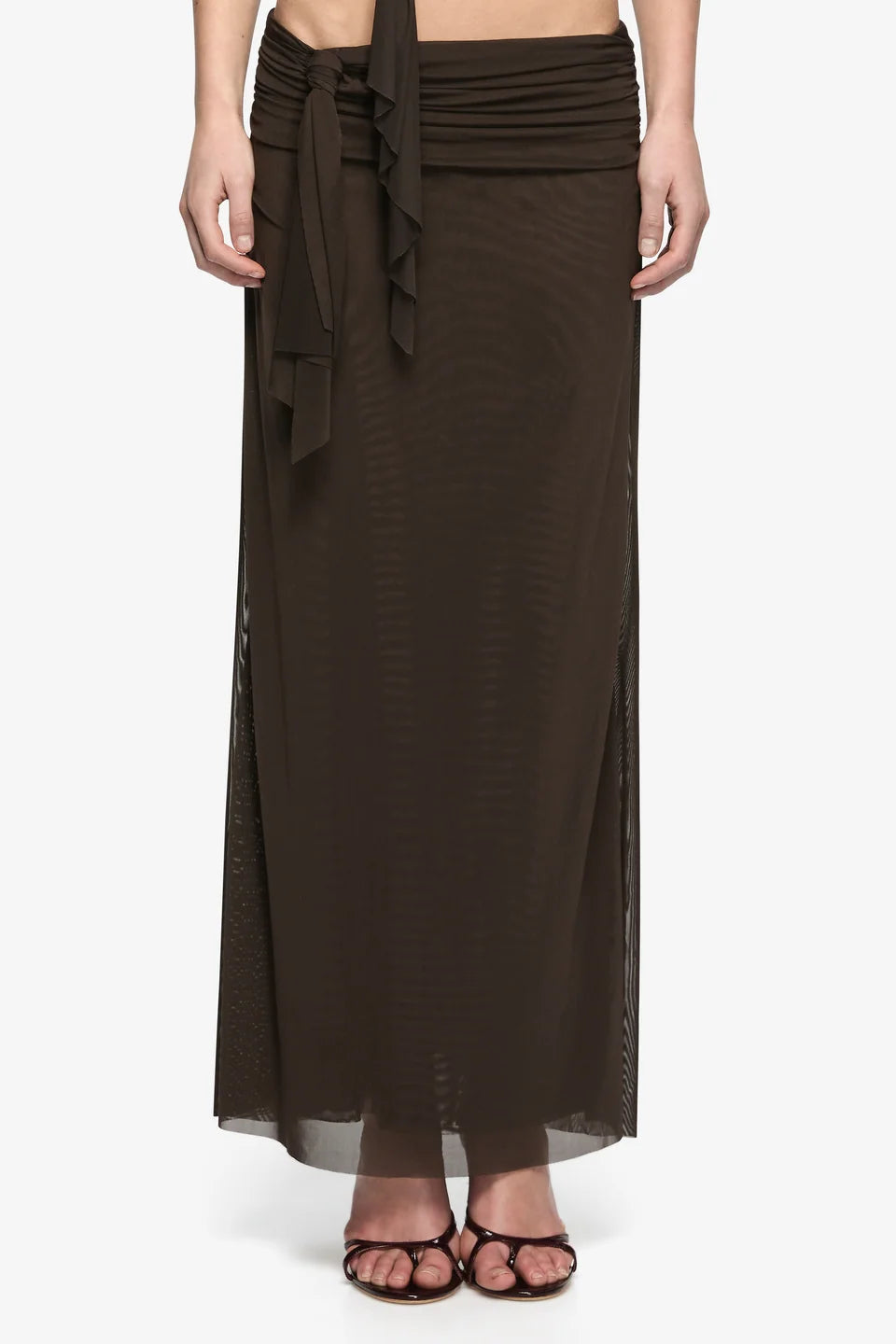 Bec & Bridge Olyssia Knot Skirt in Bitter Choc, close-up of low-waisted draped waistline, designer skirt hire Adelaide Australia