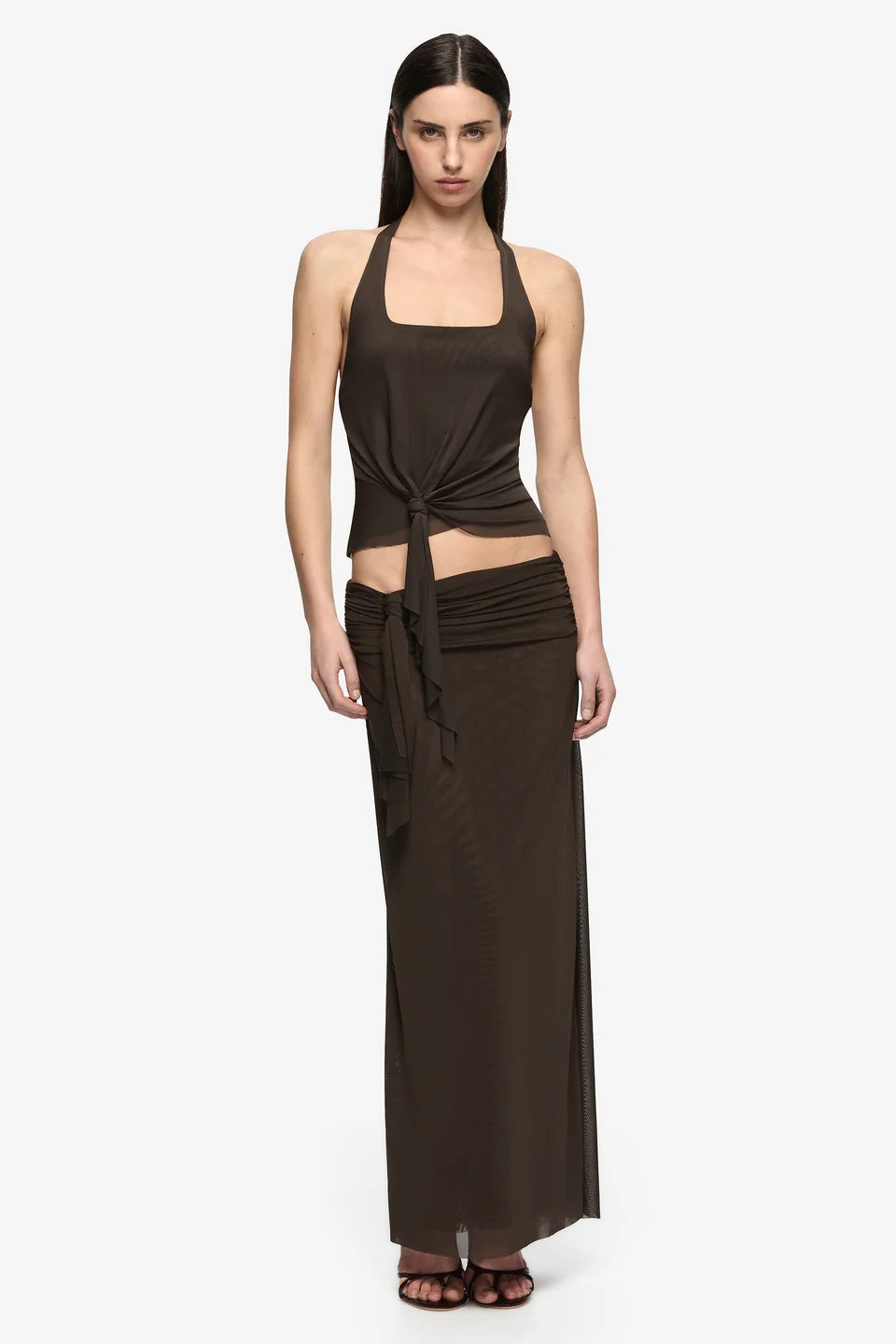 Bec & Bridge Olyssia Knot Halter Top & Skirt Set in Bitter Choc, styled full-length view, designer mesh set hire Adelaide Australia
