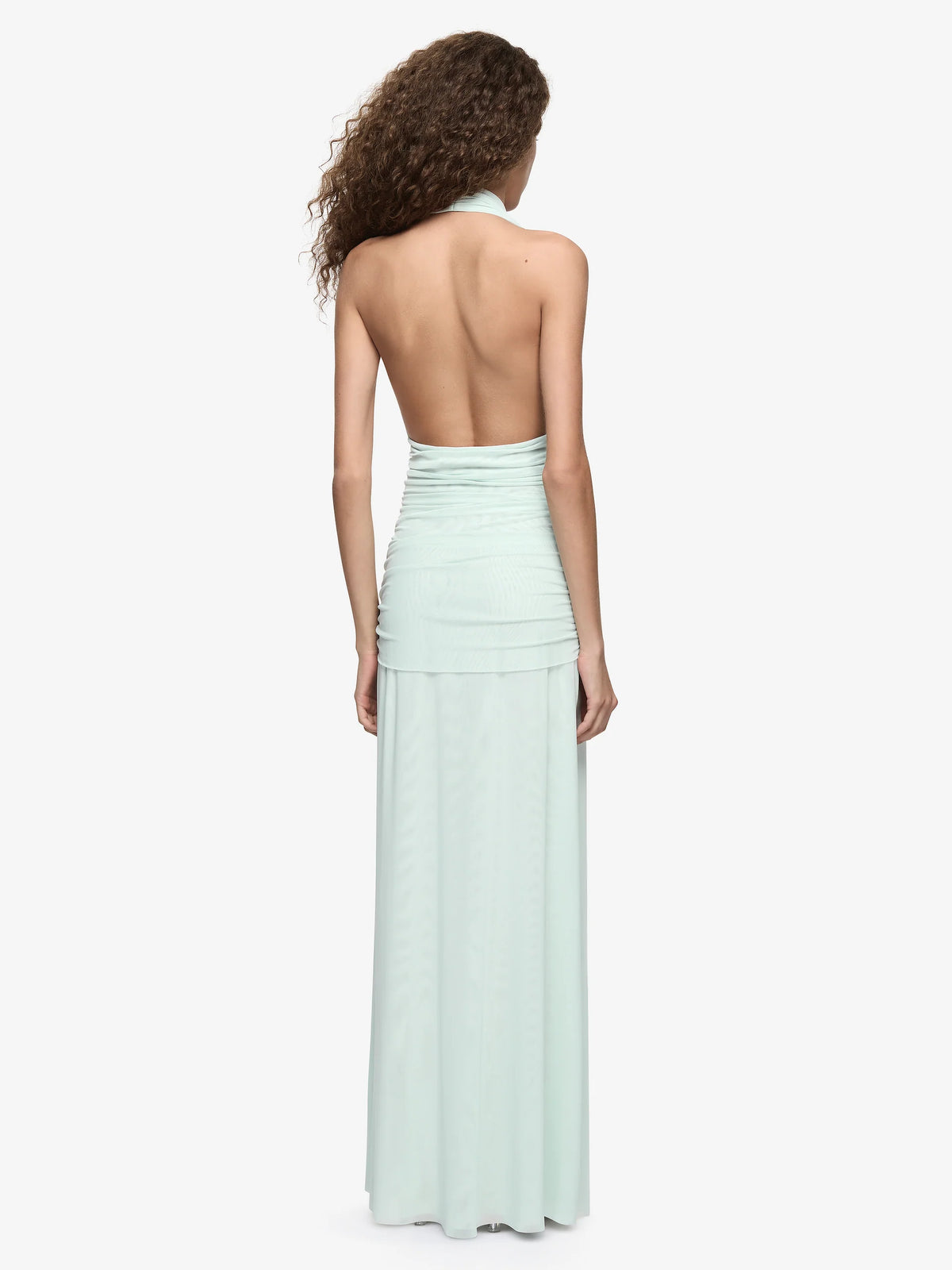 Bec & Bridge Wren Drape Maxi Dress in Spearmint, back view showing halter neck, designer dress hire Adelaide Australia