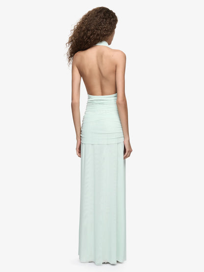 Bec & Bridge Wren Drape Maxi Dress in Spearmint, back view showing halter neck, designer dress hire Adelaide Australia