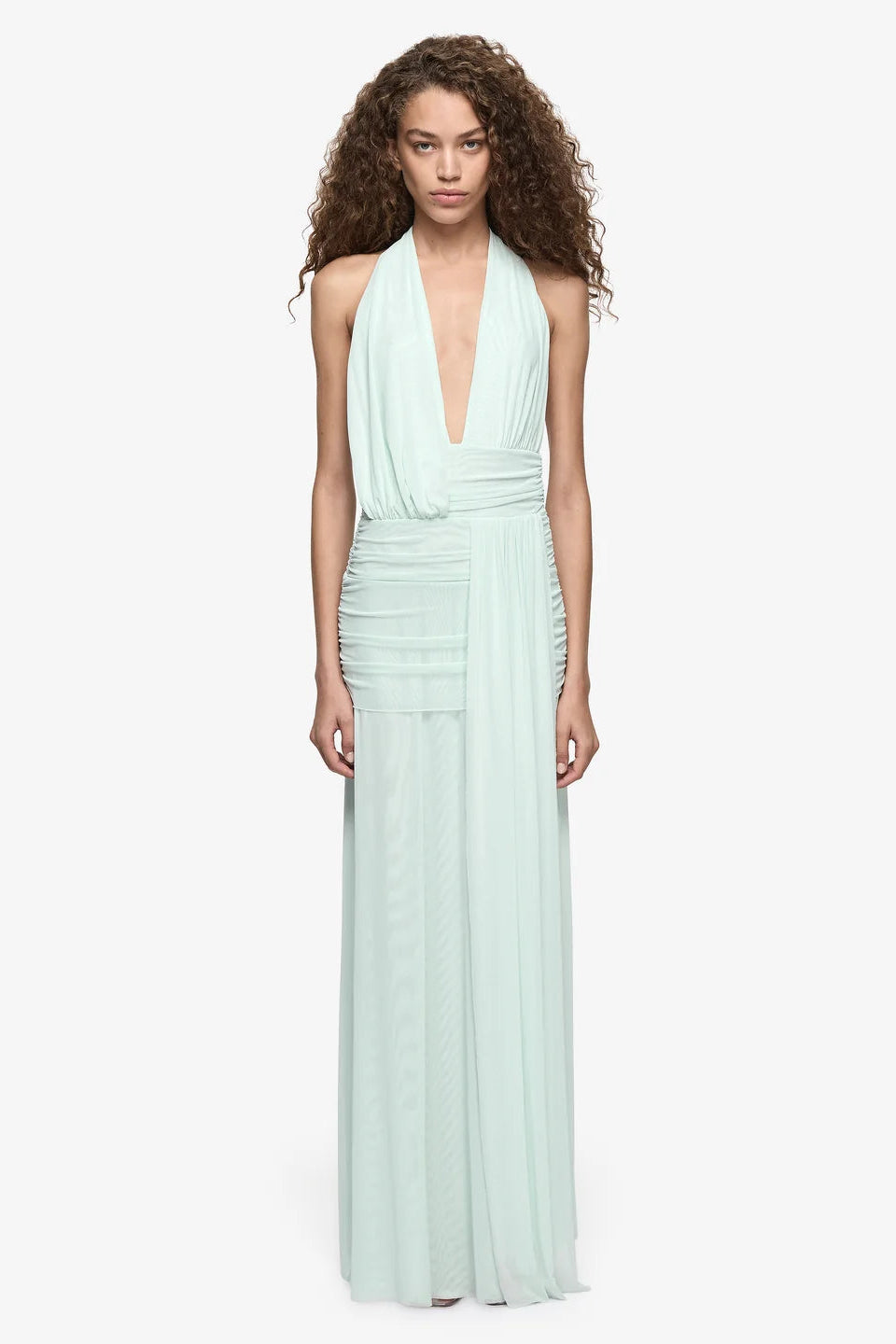 Bec & Bridge Wren Drape Maxi Dress in Spearmint, front view, designer mesh maxi dress hire Adelaide Australia