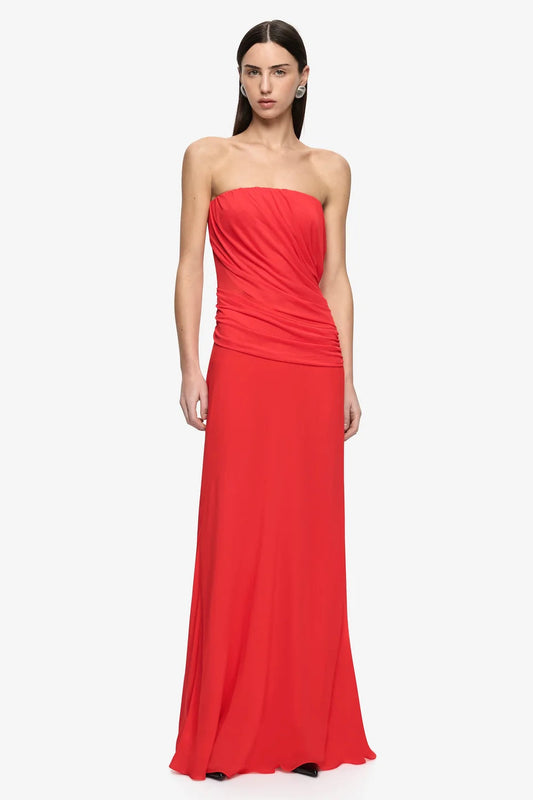 Bec & Bridge Xanthi Strapless Maxi Dress in Flame, front view, designer red formal dress hire Adelaide Australia