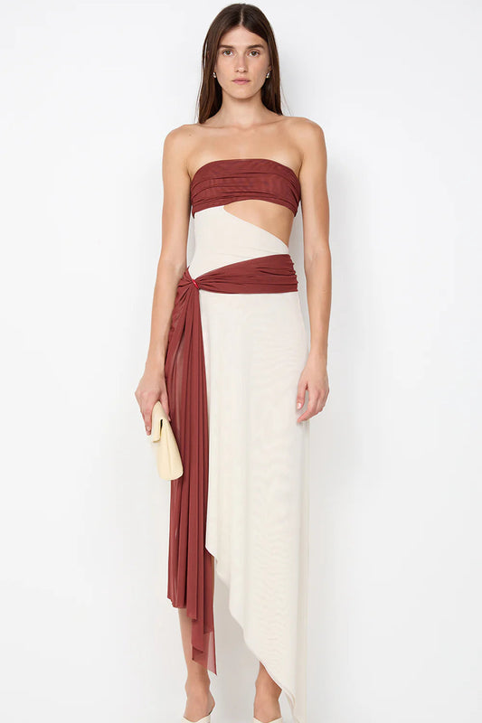 Bec & Bridge Ayla Strapless Dress in rust featuring strapless neckline, fitted bodice and elegant maxi length silhouette with soft draped fabric