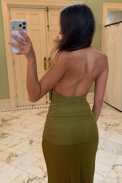 Bec + Bridge Cassis Drape Maxi Dress in olive green featuring draped silhouette and halter neckline available for dress hire Adelaide and Australia back view