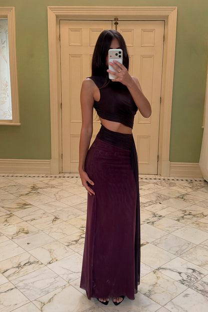 Front view of the Bec + Bridge Conni Maxi Dress in brown purple available for dress hire in Adelaide and Australia featuring an elegant draped maxi silhouett
