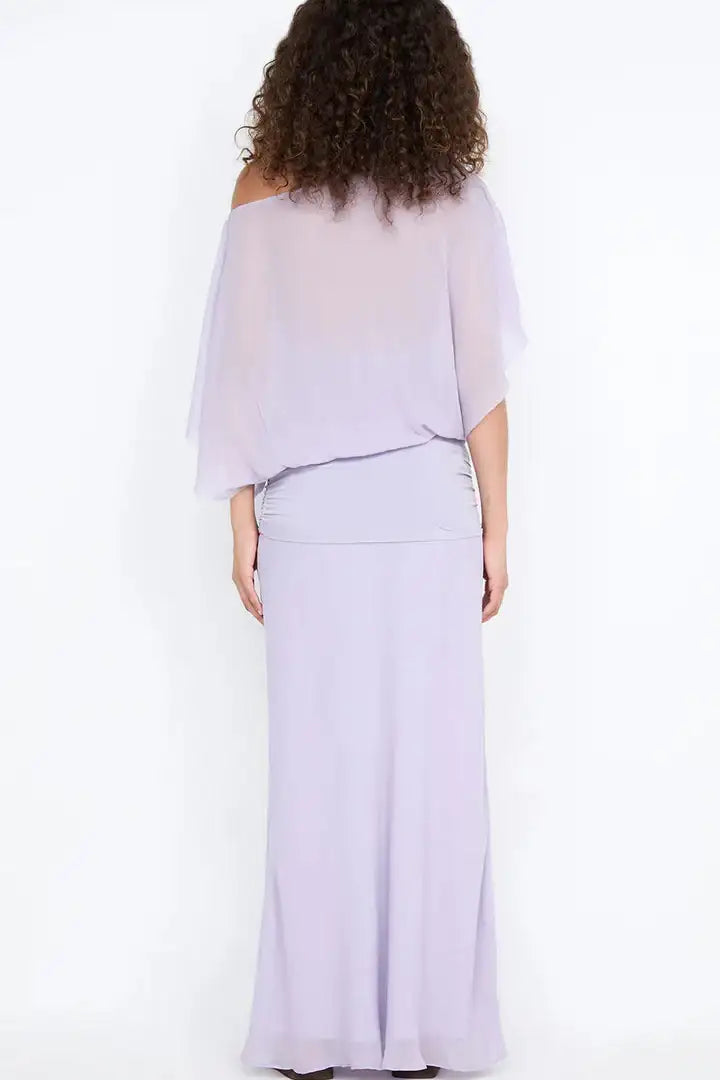 Close up of the back on Bec & Bridge Delilah Overlay Maxi Dress in purple showing halter tie fastening, open back and soft draped fabric