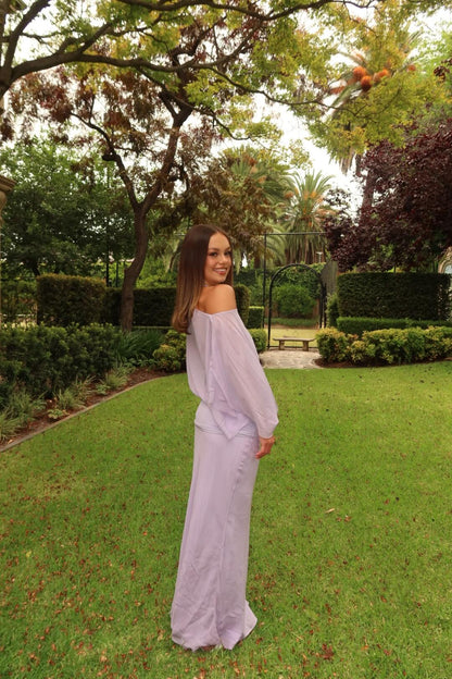 BEC + BRIDGE Delilah Overlay Maxi Dress in purple showcasing the elegant back design and flowing maxi silhouette