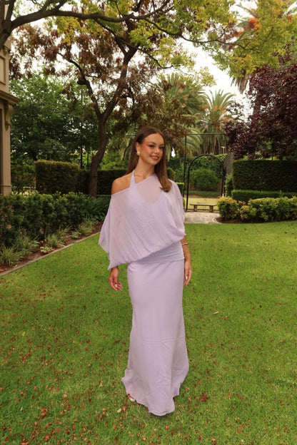Close-up of the BEC + BRIDGE Delilah Overlay Maxi Dress in purple highlighting the overlay bodice and premium fabric detail