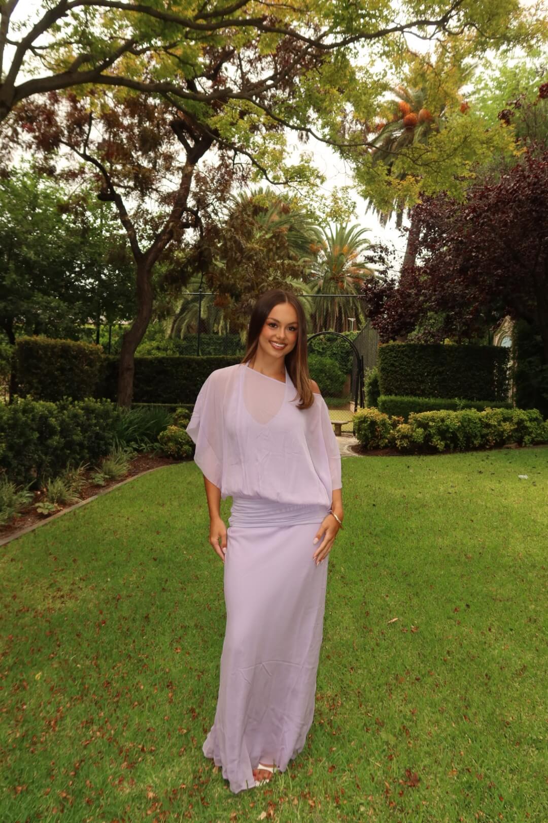 BEC + BRIDGE Delilah Overlay Maxi Dress in purple featuring a flattering full-length silhouette and elegant evening design