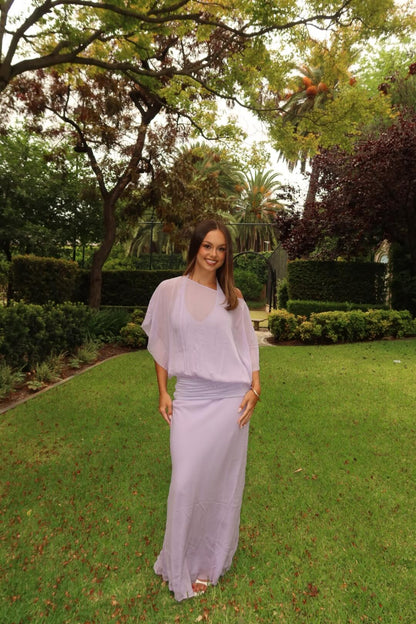 BEC + BRIDGE Delilah Overlay Maxi Dress in purple featuring a flattering full-length silhouette and elegant evening design