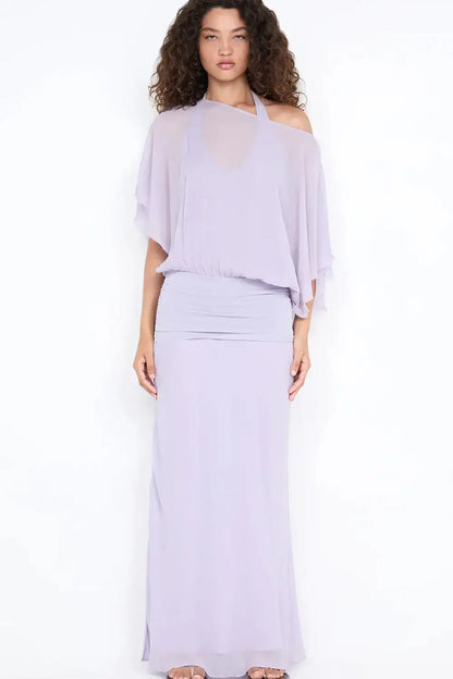 Bec & Bridge Delilah Overlay Maxi Dress in purple featuring halter neckline, sheer overlay and elegant floor length silhouette for formal events