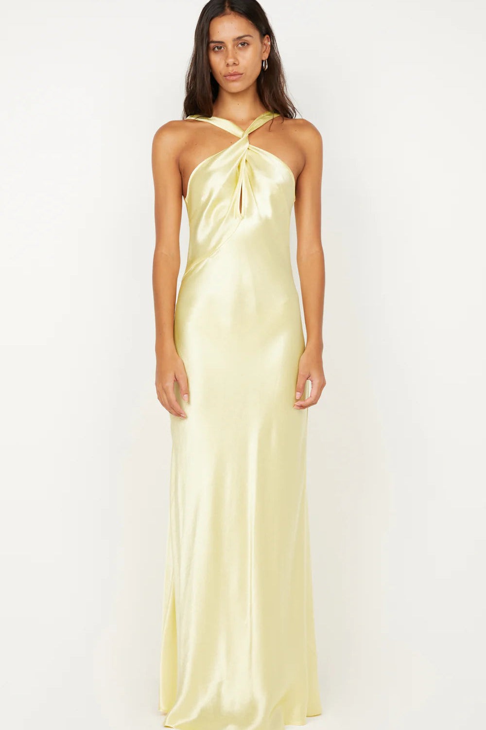 Ice yellow maxi dress featuring keyhole cut out, twist front detail and flattering bias cut design