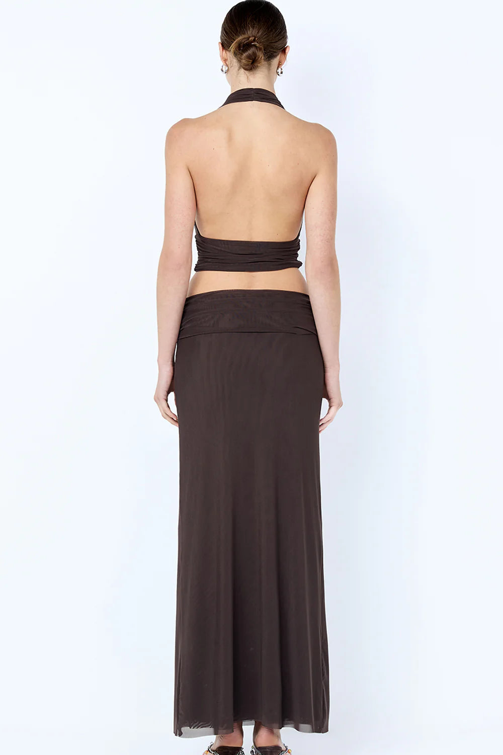 Back view of Bec & Bridge Eva Drape Set in brown showing open back halter top design and smooth fitted skirt finish
