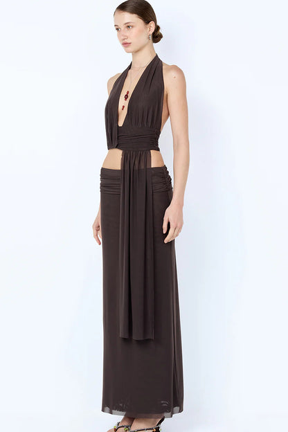 Brown two piece set with draped halter top and flowing maxi skirt in soft mesh fabric with gathered waist detailing