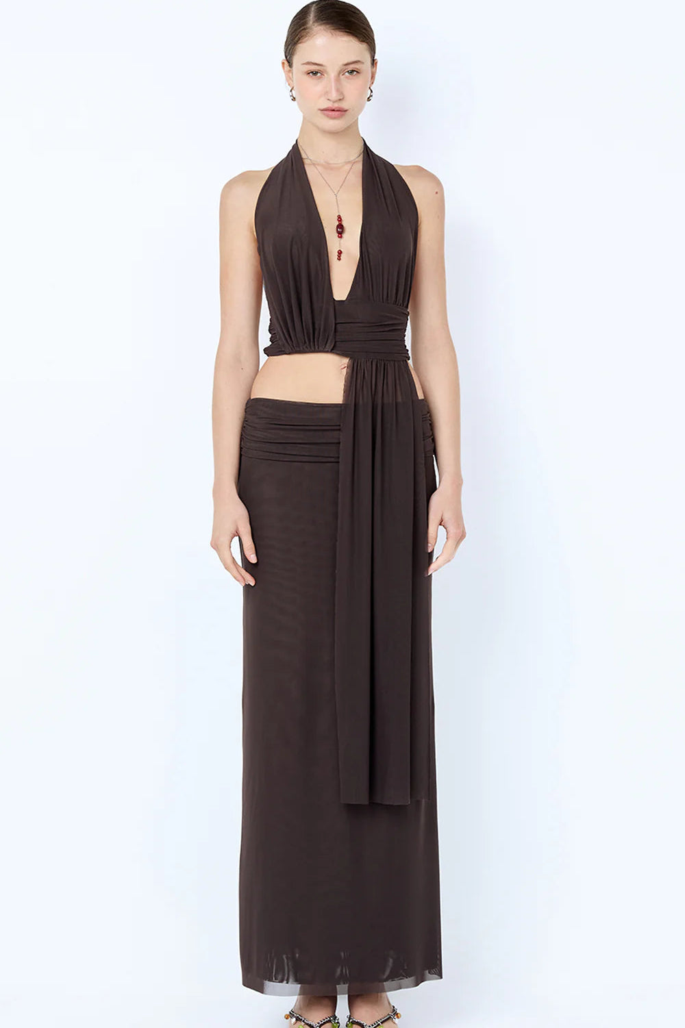Bec & Bridge Eva Drape Set in brown featuring halter drape top with plunging neckline and matching maxi skirt with soft mesh fabric