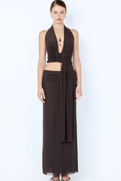 Bec & Bridge Eva Drape Set in brown featuring halter drape top with plunging neckline and matching maxi skirt with soft mesh fabric