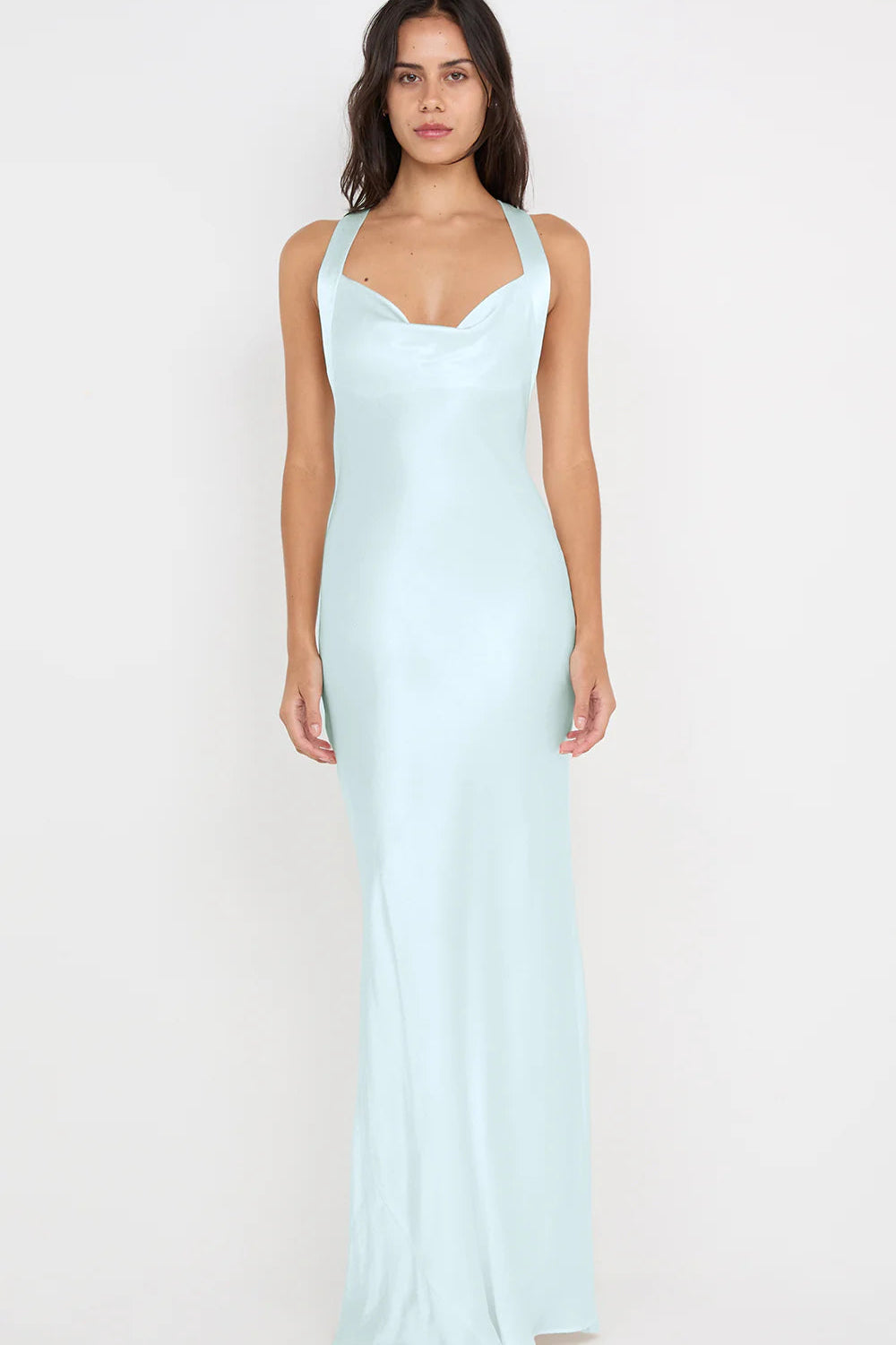 Close up of halter neckline and fitted bodice on arctic blue Bec & Bridge maxi dress with soft stretch fabric and clean tailoring