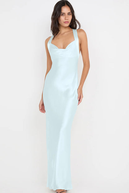 Bec & Bridge Gia Halter Maxi Dress in arctic blue featuring halter neckline, soft draped bodice and flowing floor length silhouette with elegant fluid fabric
