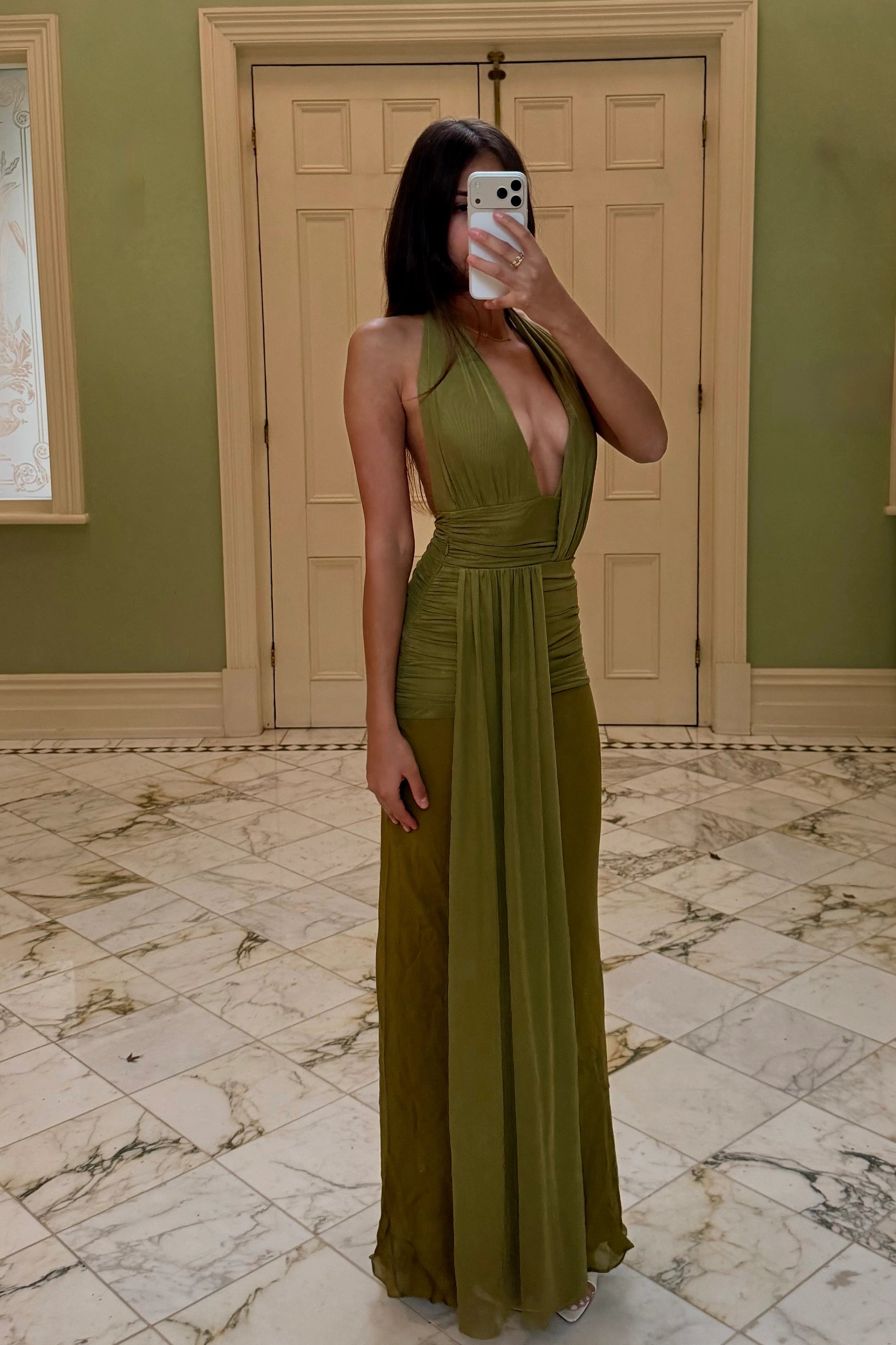 Model wearing olive green Bec and Bridge Cassis Drape Maxi Dress styled for formal event dress hire Adelaide and Australia