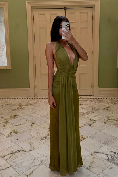Model wearing olive green Bec and Bridge Cassis Drape Maxi Dress styled for formal event dress hire Adelaide and Australia
