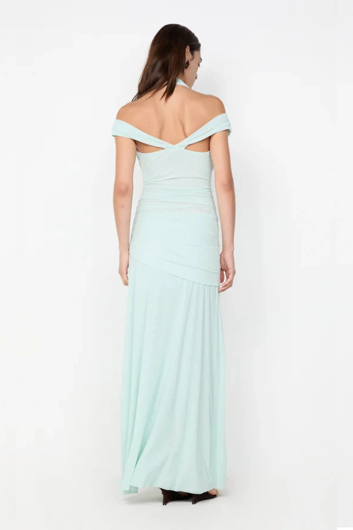 Back view of Bec & Bridge Winnie Halter Maxi Dress in spearmint showing low open back and halter tie design