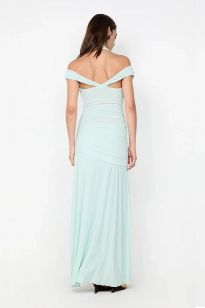 Back view of Bec & Bridge Winnie Halter Maxi Dress in spearmint showing low open back and halter tie design