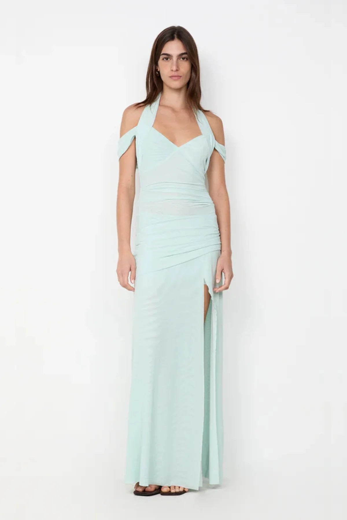 Bec & Bridge Winnie Halter Maxi Dress in spearmint featuring halter neckline, soft mesh fabric and flowing floor length silhouette