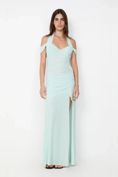 Bec & Bridge Winnie Halter Maxi Dress in spearmint featuring halter neckline, soft mesh fabric and flowing floor length silhouette