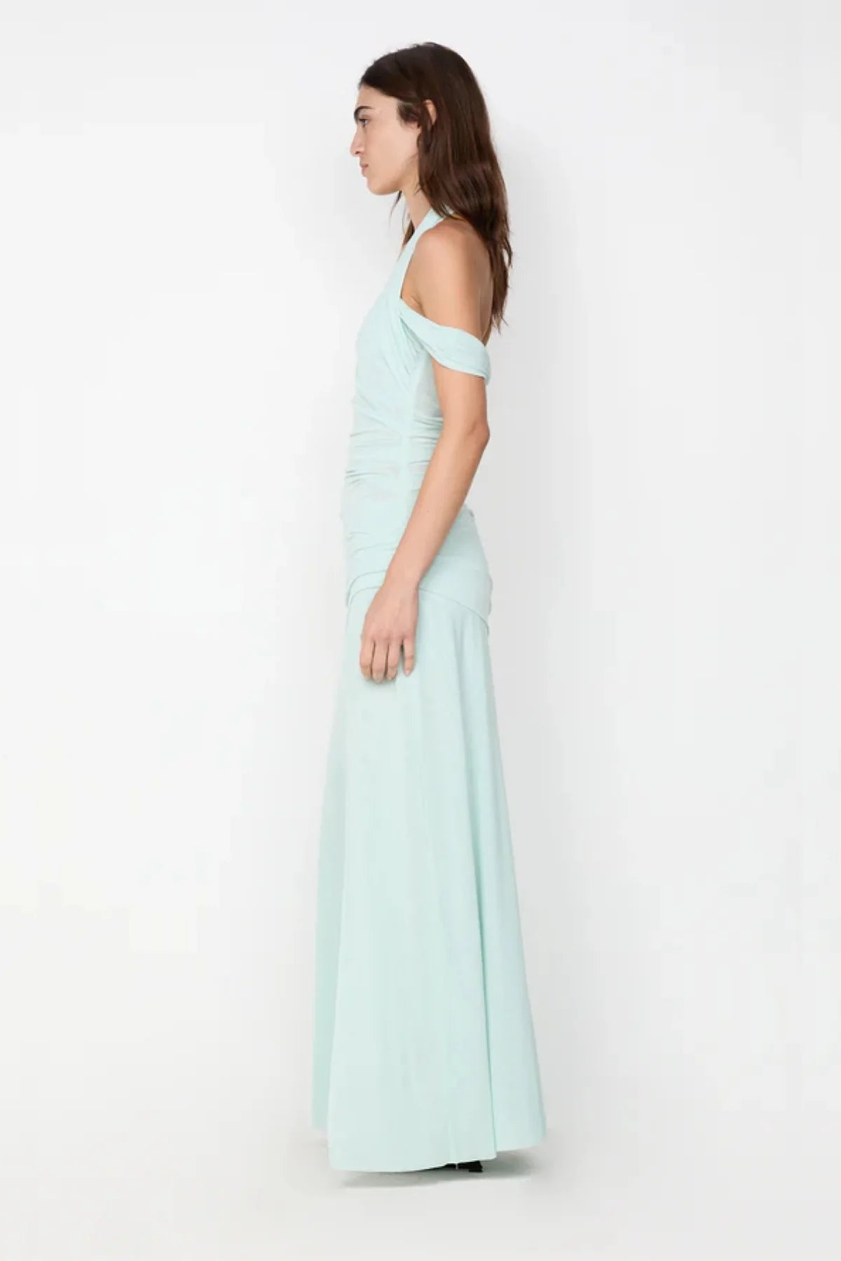 Bec & Bridge Winnie Halter Maxi Dress in spearmint featuring halter neckline, gathered waist and elegant floor length mesh silhouette