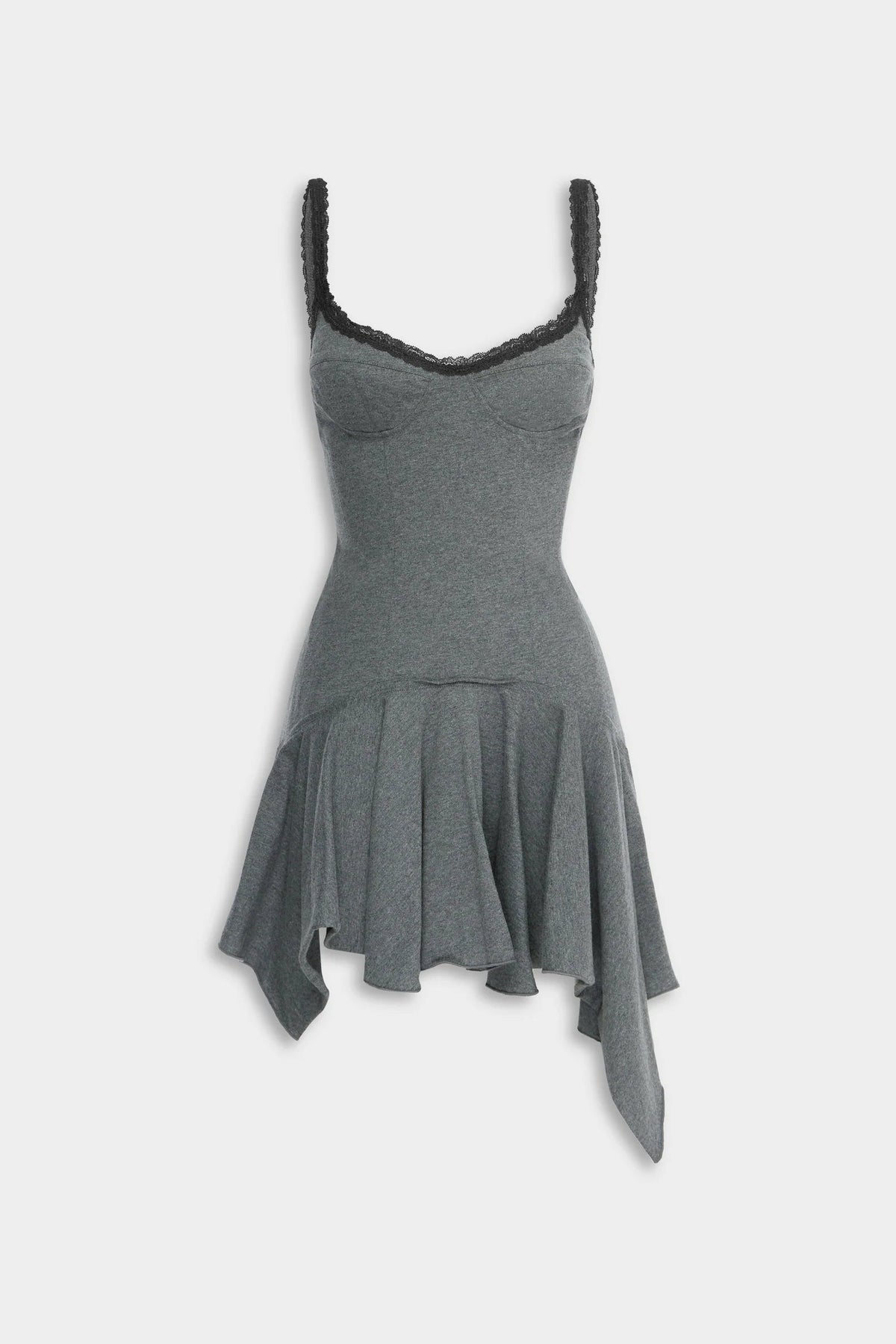 Venroy Jersey Handkerchief Mini Dress in Dark Grey Marl on transparent background, designer mini dress hire Adelaide Australia