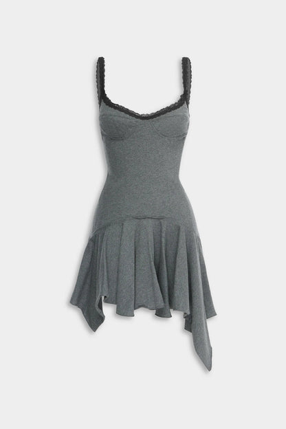 Venroy Jersey Handkerchief Mini Dress in Dark Grey Marl on transparent background, designer mini dress hire Adelaide Australia