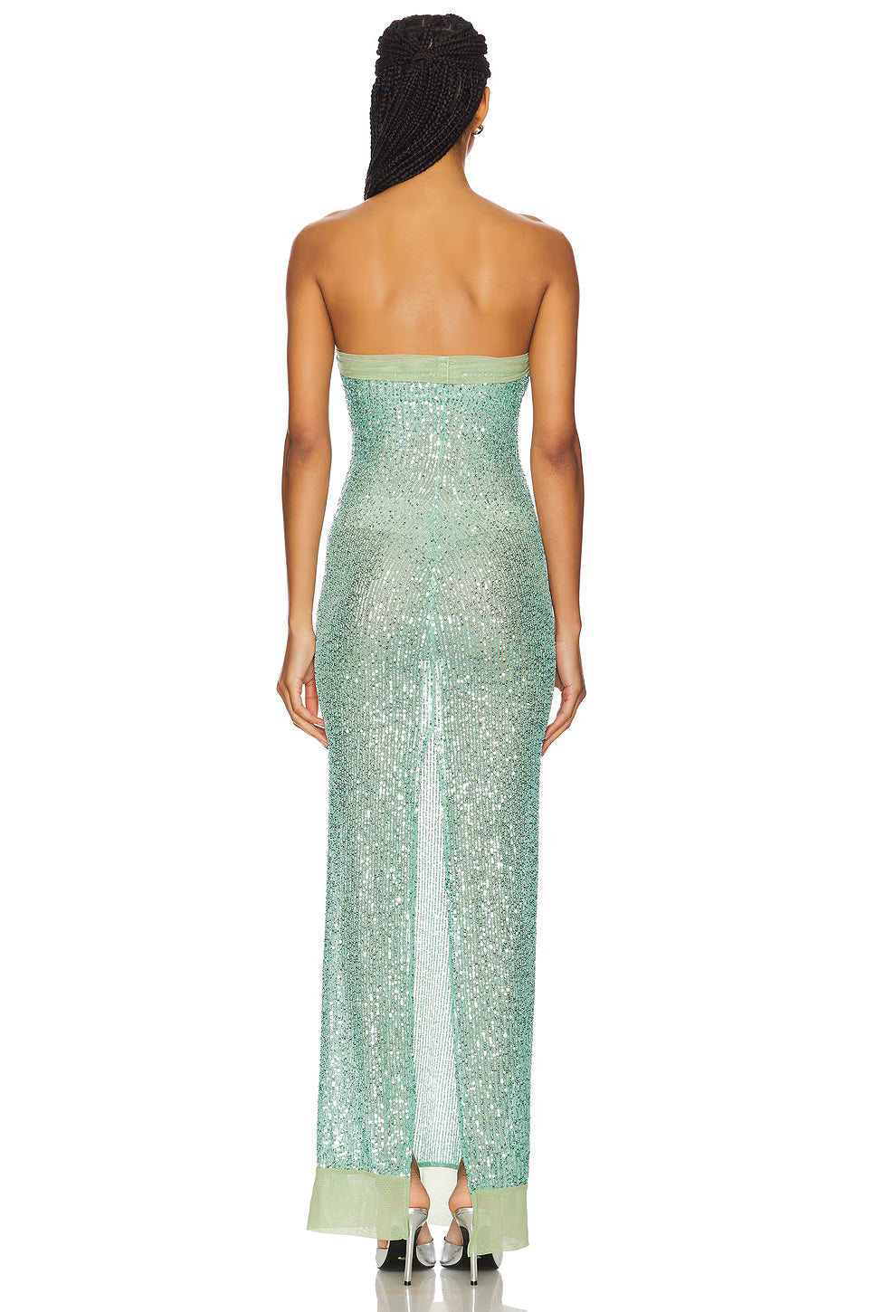 Back view of Fait Par Foutch Elizabeth Dress in malachite green sequin showing structured corset fit and shimmering full length silhouette