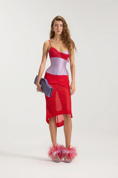 Fancì Club Uncladding Bustier Corset in Purple-Red, styled full-length view, statement corset hire Adelaide Australia