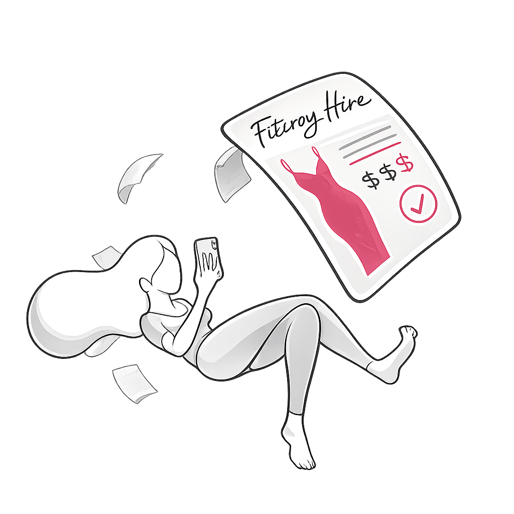 Illustration of a customer booking a designer dress online with Fitzroy Hire using a mobile phone.