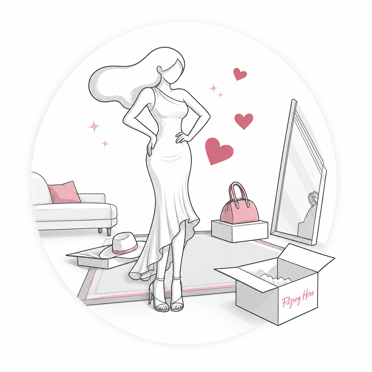 Illustration of a customer trying on a designer dress at home before a special occasion with Fitzroy Hire.