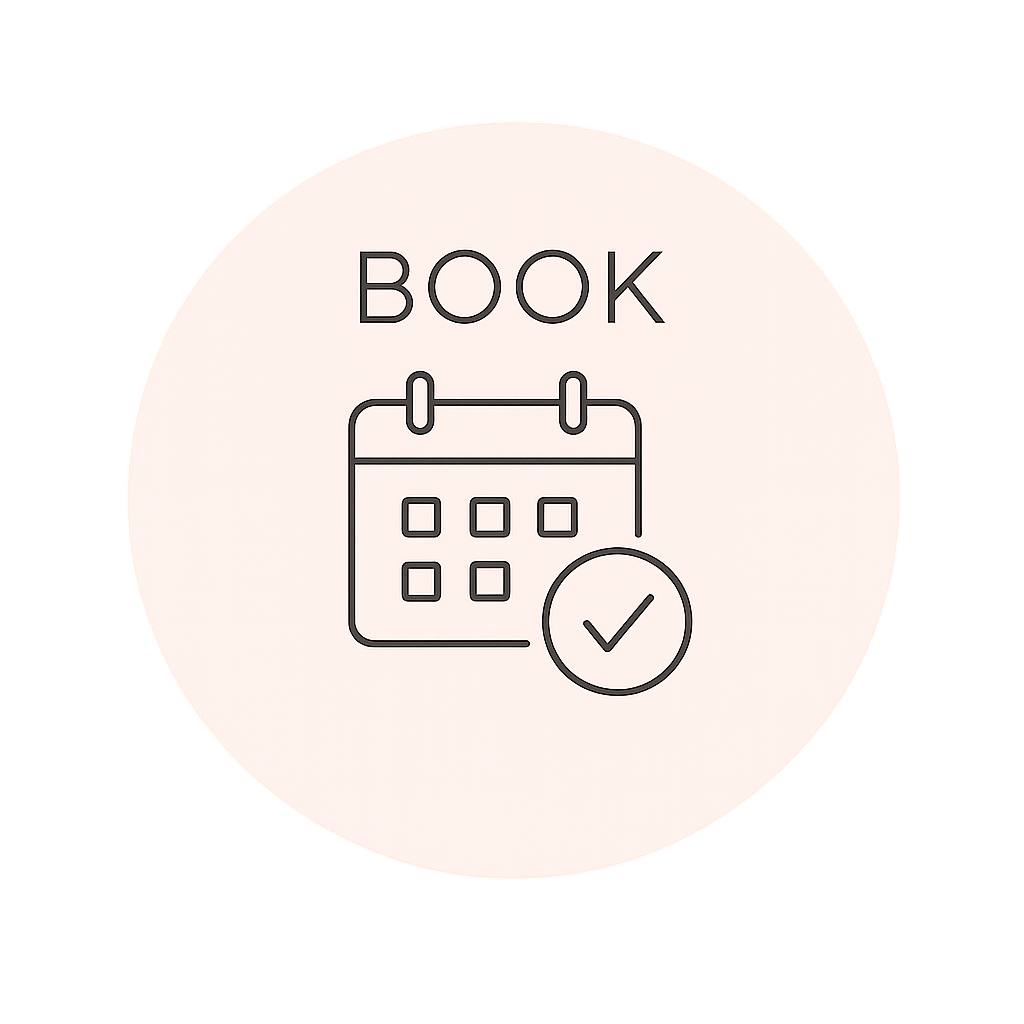 A minimalist black line icon of a calendar with a checkmark and the word 'BOOK' above it, centered inside a pale blush pink circle on a white background.