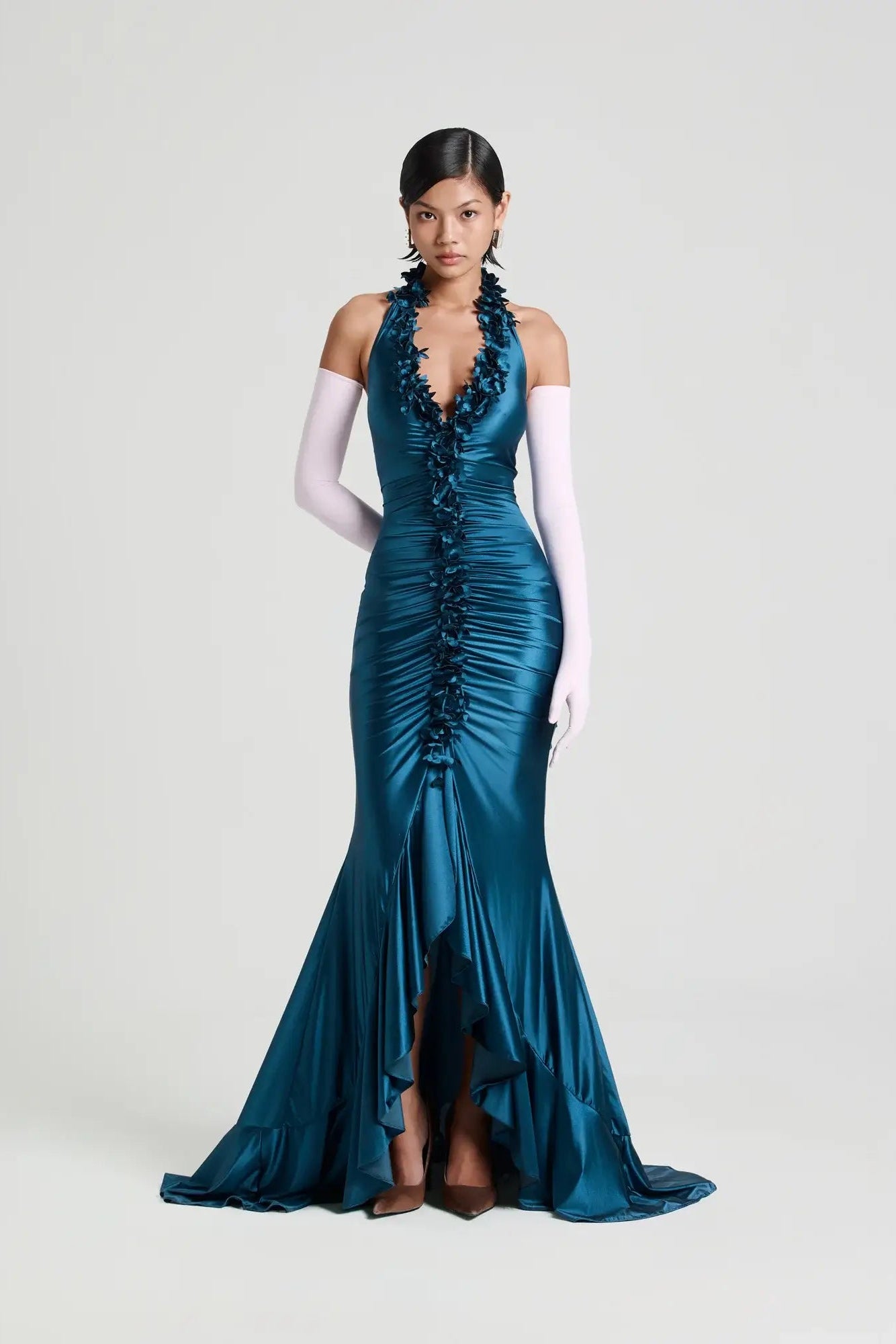 Gianni floral halter dress in steel blue for formal dress hire in Adelaide with australia wide shipping express 