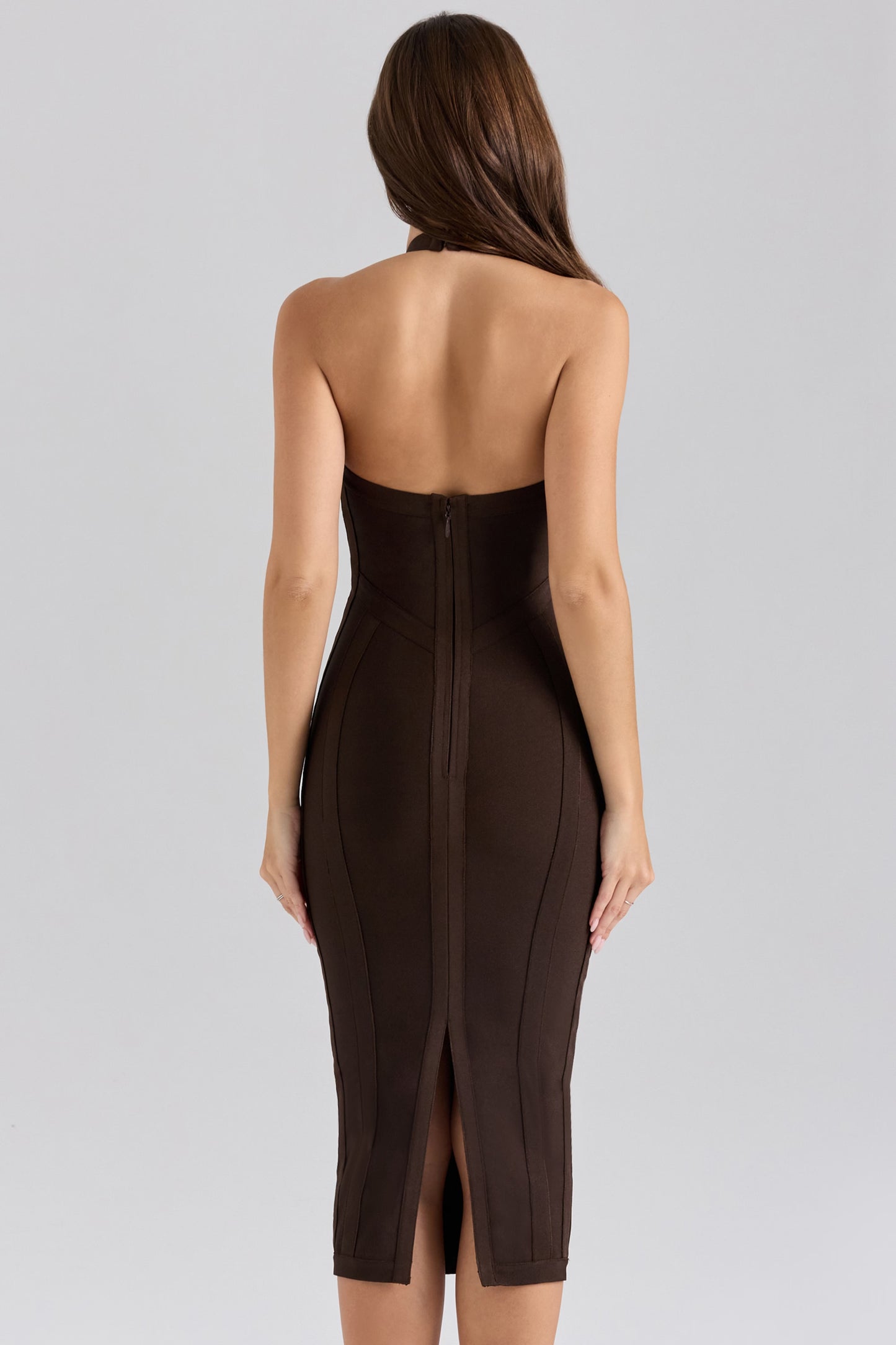 Back view of House of CB Birthday Midi Dress in chocolate showing strapless structured fit and smooth bandage finish