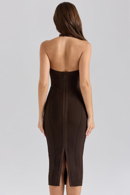 Back view of House of CB Birthday Midi Dress in chocolate showing strapless structured fit and smooth bandage finish