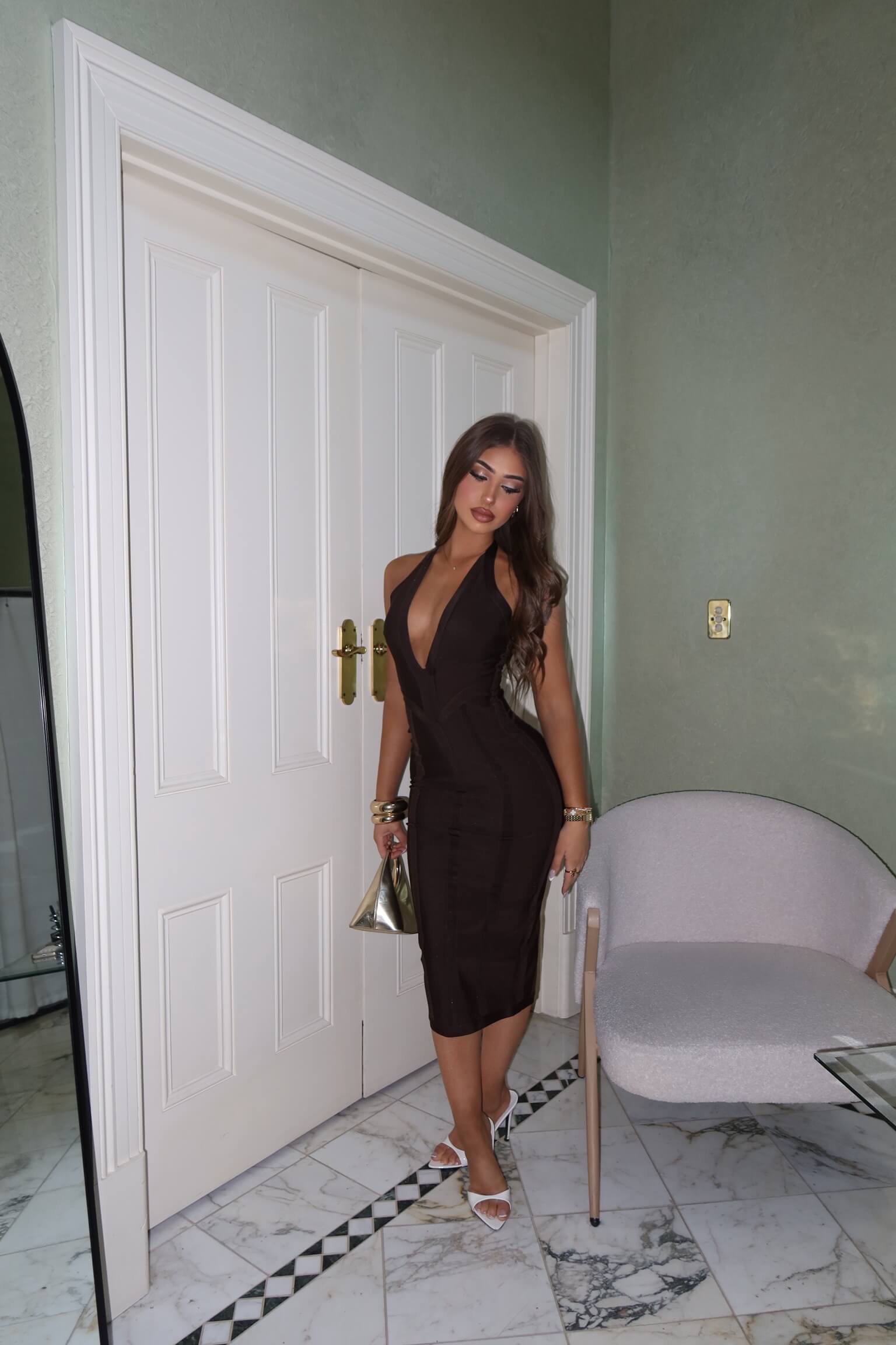 Full-length House of CB The Birthday Midi Bandage Dress in chocolate with a sculpted fitted design