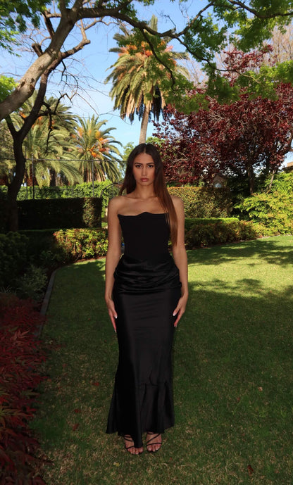House of CB Persephone Corset Dress in black featuring a structured corset bodice and elegant full-length silhouette